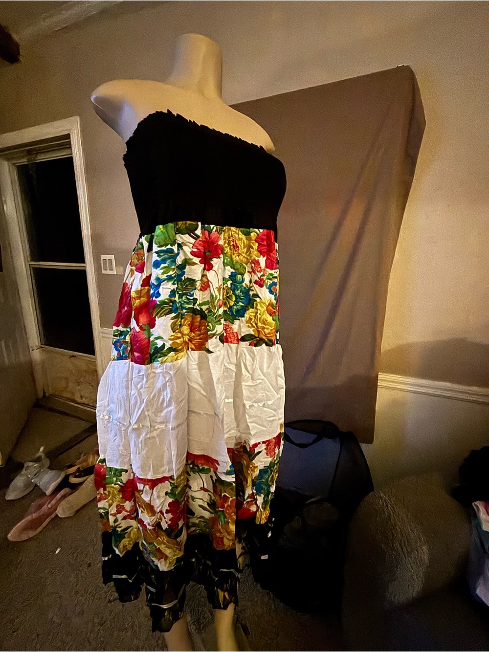 Strapless Floral Tiered Sundress in Black and Multicolor
